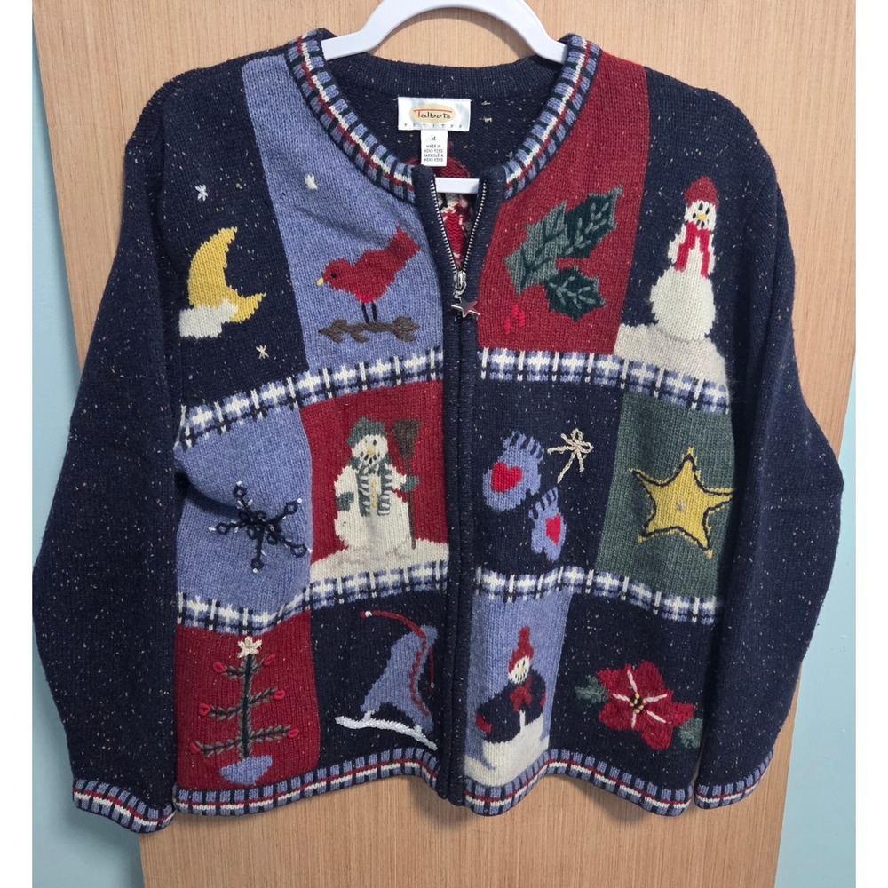 Talbots Petites Womens M Blue‎ Snowman Lambs Wool Winter Holiday Zipper Cardigan